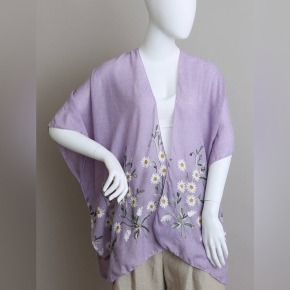 🌼🌸🌿Swim cover-up Tunic Kimono Daisy One Size Floral Top New Purple Chic Classic - Picture 4 of 4